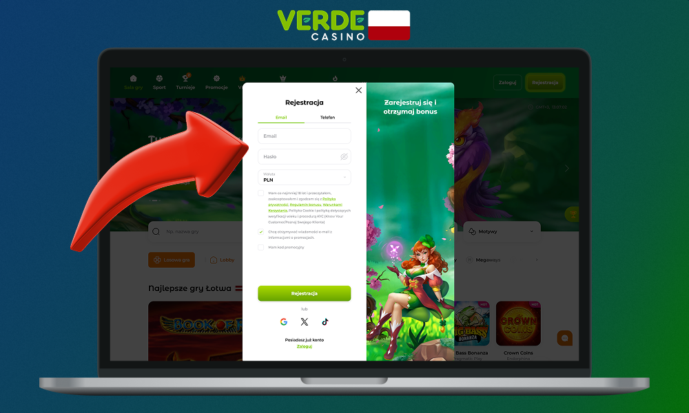 Aby aktywować kod promocyjny Verde Casino - musisz zarejestrować się na stronie kasyna