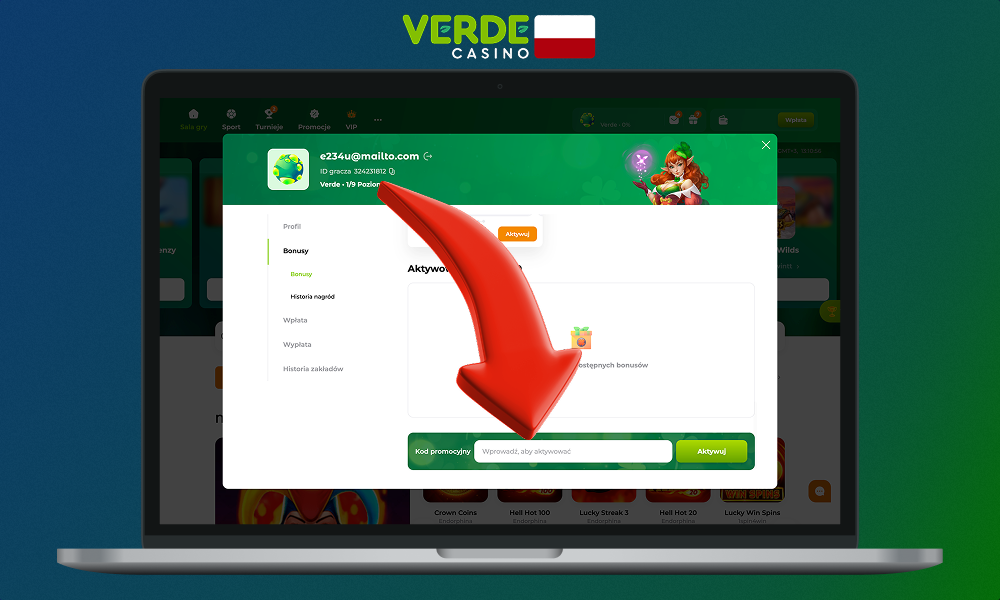 Verde Casino kod promocyjny należy wprowadzić w odpowiednim polu w osobistej szafce