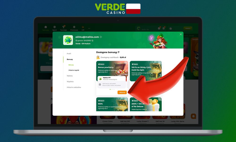 Po aktywacji kodu promocyjnego - musisz aktywować bonus Verde Casino