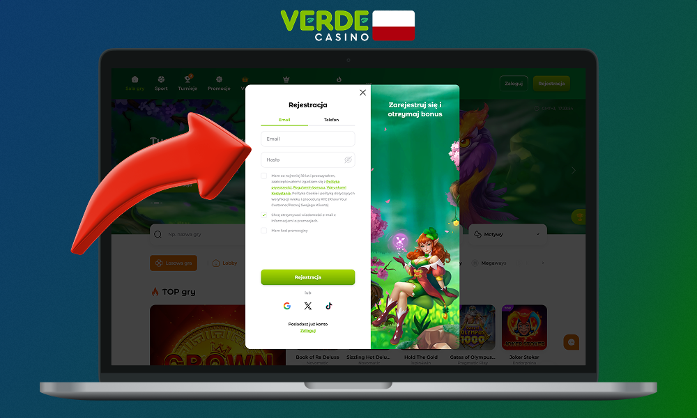 Podczas rejestracji w Verde Casino musisz podać aktualny adres e-mail i hasło