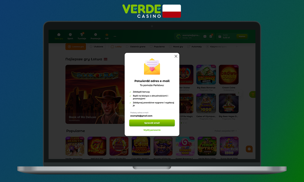 Aby dokończyć rejestrację w Verde Casino, musisz potwierdzić swój adres e-mail
