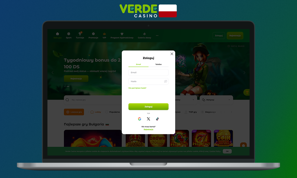Aby zalogować się na swoje osobiste konto Verde Casino - należy użyć danych podanych podczas rejestracji